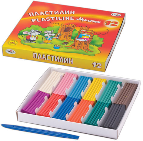 Пластилин классический ГАММА "Мультики", 12 цветов, 240 г, со стеком, картонная упаковка, 280018/281018