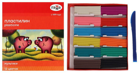 Пластилин классический ГАММА "Мультики", 12 цветов, 240 г, со стеком, картонная упаковка, 280018/281018
