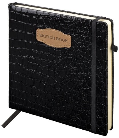 Скетчбук, слоновая кость 140 г/м2, 200х200 мм, 80 л., КОЖЗАМ, резинка, BRAUBERG ART CLASSIC, CROCO, черный, 116472