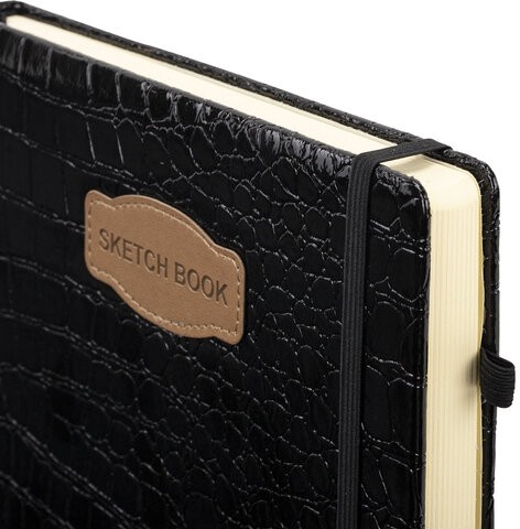 Скетчбук, слоновая кость 140 г/м2, 200х200 мм, 80 л., КОЖЗАМ, резинка, BRAUBERG ART CLASSIC, CROCO, черный, 116472