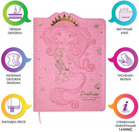 Дневник 1-4 класс 48 л., кожзам (твердая с поролоном), фигурный край, ЮНЛАНДИЯ, "РУСАЛКА", 105948