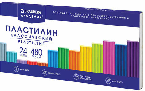 Пластилин классический BRAUBERG "АКАДЕМИЯ Супер ХИТ", 24 цвета, 480 г, стек, ВЫСШЕЕ КАЧЕСТВО, 106424