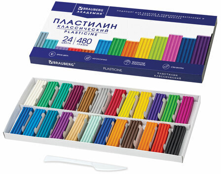 Пластилин классический BRAUBERG "АКАДЕМИЯ Супер ХИТ", 24 цвета, 480 г, стек, ВЫСШЕЕ КАЧЕСТВО, 106424