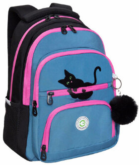Рюкзак GRIZZLY школьный, укрепленная спинка, 3 отделения, для девочек, CUTE KITTEN, синий, 39х30х20 см, RG-362-1/2