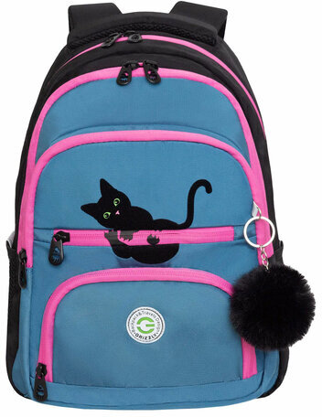 Рюкзак GRIZZLY школьный, укрепленная спинка, 3 отделения, для девочек, CUTE KITTEN, синий, 39х30х20 см, RG-362-1/2