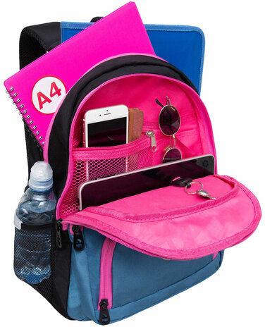 Рюкзак GRIZZLY школьный, укрепленная спинка, 3 отделения, для девочек, CUTE KITTEN, синий, 39х30х20 см, RG-362-1/2