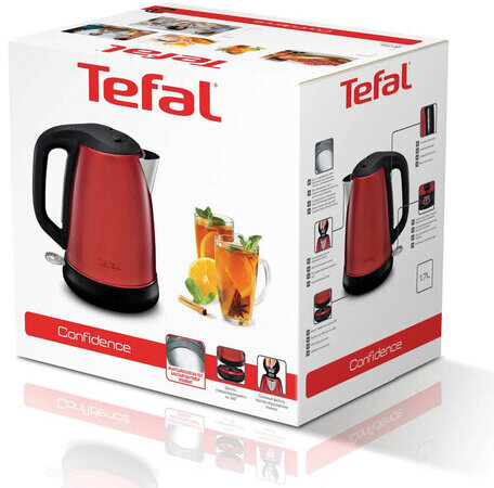 Чайник TEFAL KI270530, 1,7 л, 2400 Вт, закрытый нагревательный элемент, сталь, красный, 7211002431
