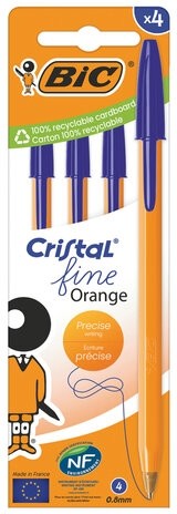 Ручки шариковые BIC &quot;Orange Original Fine&quot;, НАБОР 4 шт., СИНИЕ, узел 0,8 мм, линия письма 0,3 мм, пакет, 8308521