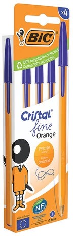 Ручки шариковые BIC "Orange Original Fine", НАБОР 4 шт., СИНИЕ, узел 0,8 мм, линия письма 0,3 мм, пакет, 8308521