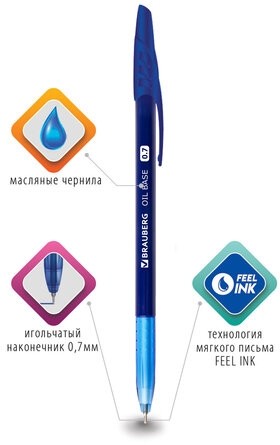 Ручка шариковая масляная BRAUBERG "Oil Base", СИНЯЯ, корпус синий, узел 0,7 мм, линия письма 0,35 мм, 141634