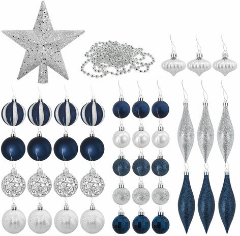 Шары новогодние ёлочные "Navy" НАБОР 42 предмета, пластик, темно-синий/серебро ЗОЛОТАЯ СКАЗКА 591990