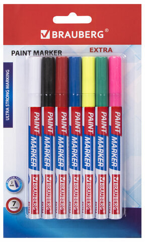 Маркер-краска лаковый EXTRA (paint marker) 2 мм, НАБОР 7 цветов, УСИЛЕННАЯ НИТРО-ОСНОВА, BRAUBERG, 151996