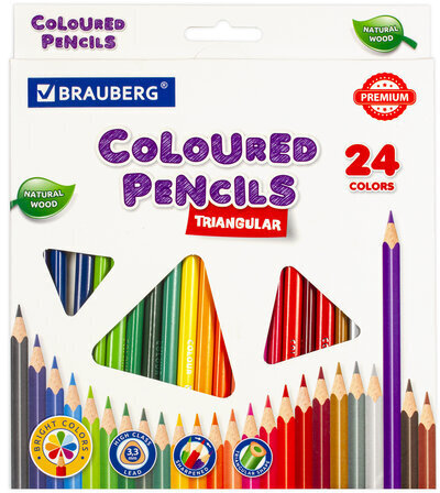 Карандаши цветные BRAUBERG PREMIUM, 24 цвета, трехгранные, грифель мягкий 3,3 мм, 181653