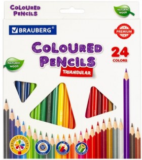 Карандаши цветные BRAUBERG PREMIUM, 24 цвета, трехгранные, грифель мягкий 3,3 мм, 181653
