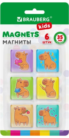 Магниты квадратные стеклянные 35 мм для досок магнитно-маркерных, НАБОР 6 шт., &quot;Капибара&quot;, BRAUBERG KIDS, блистер, 272513