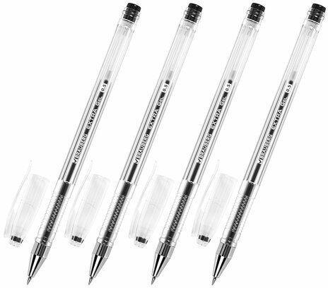 Ручки гелевые BRAUBERG "EXTRA", ЧЕРНЫЕ, НАБОР 4 штуки, узел 0,5 мм, линия 0,35 мм, 143906