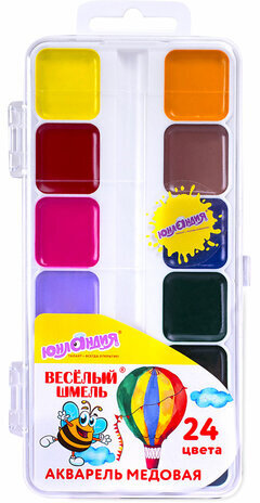 Краски акварельные ЮНЛАНДИЯ "ВЕСЁЛЫЙ ШМЕЛЬ", медовые, 24 цвета, квадратные кюветы, пластик, 192363