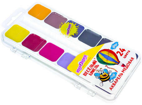 Краски акварельные ЮНЛАНДИЯ "ВЕСЁЛЫЙ ШМЕЛЬ", медовые, 24 цвета, квадратные кюветы, пластик, 192363