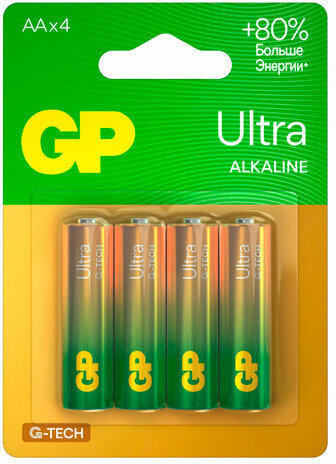 Батарейки КОМПЛЕКТ 4 шт., GP Ultra G-Tech, AA (LR6, 15А), алкалиновые, пальчиковые, 15AUA21-2CRSBC4