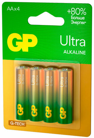 Батарейки КОМПЛЕКТ 4 шт., GP Ultra G-Tech, AA (LR6, 15А), алкалиновые, пальчиковые, 15AUA21-2CRSBC4