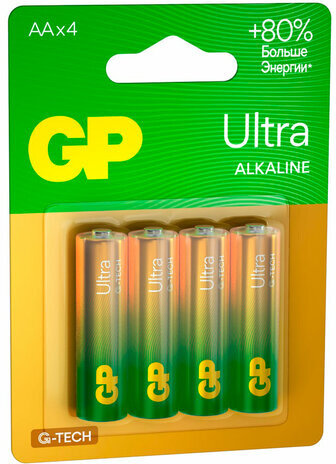 Батарейки КОМПЛЕКТ 4 шт., GP Ultra G-Tech, AA (LR6, 15А), алкалиновые, пальчиковые, 15AUA21-2CRSBC4