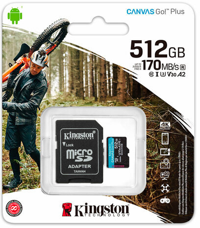 Карта памяти microSDXC 512 GB KINGSTON Canvas Go! Plus, UHS-I U1, 170 Мб/с (class 10), с адаптером, SDCG3/512Gb