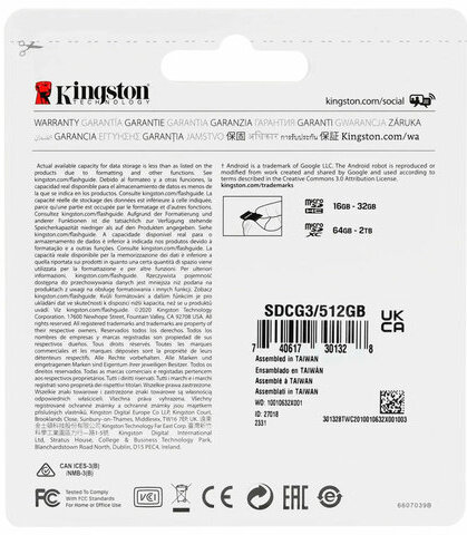 Карта памяти microSDXC 512 GB KINGSTON Canvas Go! Plus, UHS-I U1, 170 Мб/с (class 10), с адаптером, SDCG3/512Gb