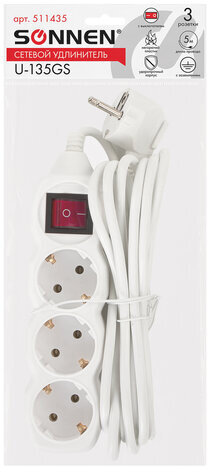 Удлинитель сетевой SONNEN U-135GS, 3 розетки, c заземлением, выключатель, 10 А, 5 м, белый, 511435