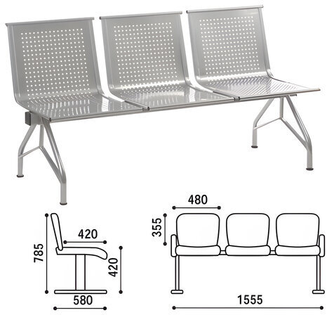 Кресло для посетителей трехсекционное "Стилл", 785х1555х580 мм, серебристое, СМ86/2-03