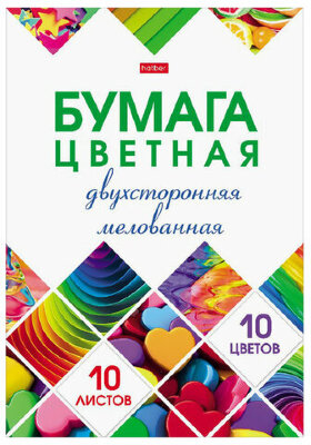 Цветная бумага А4 2-сторонняя мелованная, 10 листов 10 цветов, папка, HATBER, &quot;Мозаика&quot;, 194х280 мм, 10Бц4м_24267