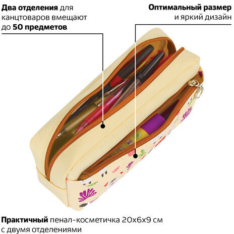 Пенал-косметичка ЮНЛАНДИЯ, 2 отделения, мягкий, "Ламы", бежевый, 20х6х9 см, 228981
