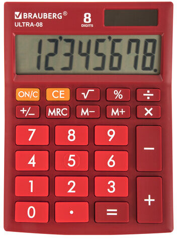 Калькулятор настольный BRAUBERG ULTRA-08-WR, КОМПАКТНЫЙ (154x115 мм), 8 разрядов, двойное питание, БОРДОВЫЙ, 250510