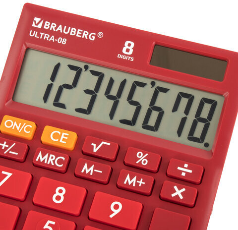 Калькулятор настольный BRAUBERG ULTRA-08-WR, КОМПАКТНЫЙ (154x115 мм), 8 разрядов, двойное питание, БОРДОВЫЙ, 250510