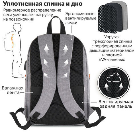 Рюкзак BRAUBERG URBAN универсальный с отделением для ноутбука, USB-порт, "Energy", серый, 44х31х14 см, 270806