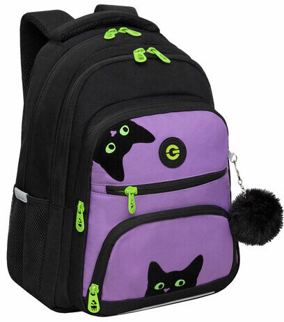 Рюкзак GRIZZLY школьный, укрепленная спинка, 3 отделения, для девочек, KITTENS, фиолетовый, 39х30х20 см, RG-362-4/2