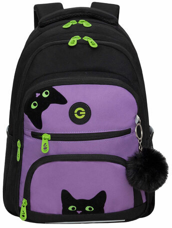 Рюкзак GRIZZLY школьный, укрепленная спинка, 3 отделения, для девочек, KITTENS, фиолетовый, 39х30х20 см, RG-362-4/2