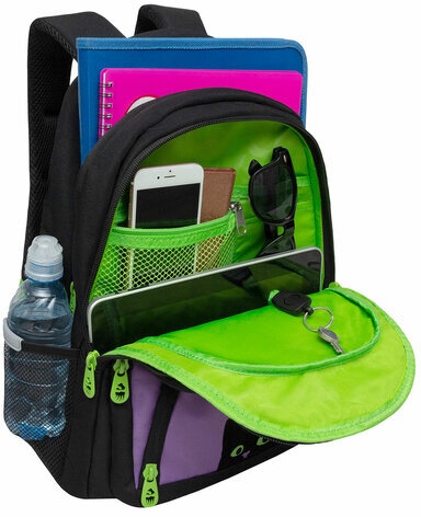 Рюкзак GRIZZLY школьный, укрепленная спинка, 3 отделения, для девочек, KITTENS, фиолетовый, 39х30х20 см, RG-362-4/2