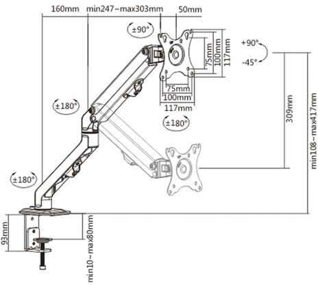 Кронштейн для монитора настольный VESA 75х75, 100х100, 17"-27", до 7 кг, SONNEN MOTION, 455944