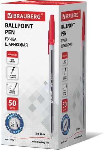Ручка шариковая BRAUBERG "Line", КРАСНАЯ, корпус прозрачный, узел 1 мм, линия письма 0,5 мм, 141341