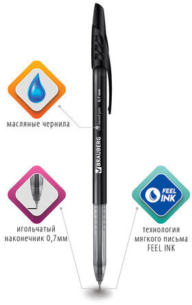 Ручка шариковая масляная BRAUBERG "Oil Base", ЧЕРНАЯ, корпус черный, узел 0,7 мм, линия письма 0,35 мм, 141635
