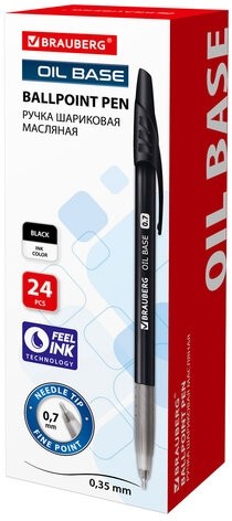 Ручка шариковая масляная BRAUBERG "Oil Base", ЧЕРНАЯ, корпус черный, узел 0,7 мм, линия письма 0,35 мм, 141635