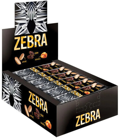 Батончик вафельный глазированный ZEBRA с изюмом и арахисом в мягкой карамели, 40 г, в шоубоксе, ЯВ252