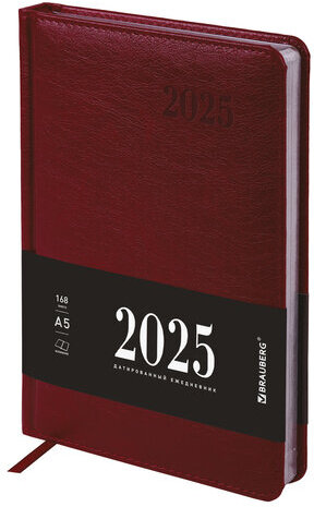 Ежедневник датированный 2025, А5, 138х213 мм, BRAUBERG "Impression", под кожу, бордовый, 115922