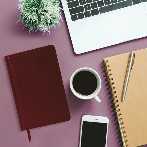 Ежедневник датированный 2025, А5, 138х213 мм, BRAUBERG "Impression", под кожу, бордовый, 115922