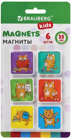 Магниты квадратные стеклянные 35 мм для досок магнитно-маркерных, НАБОР 6 шт., &quot;КОТ-ЭНТУЗИАСТ&quot; BRAUBERG KIDS, блистер, 272514