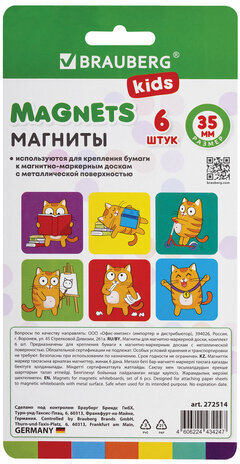 Магниты квадратные стеклянные 35 мм для досок магнитно-маркерных, НАБОР 6 шт., "КОТ-ЭНТУЗИАСТ" BRAUBERG KIDS, блистер, 272514