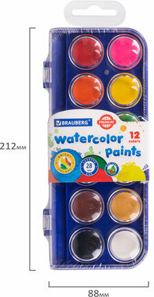 Краски акварельные BRAUBERG "PREMIUM" 12 цветов, круглые кюветы 28 мм, пенал, 191743
