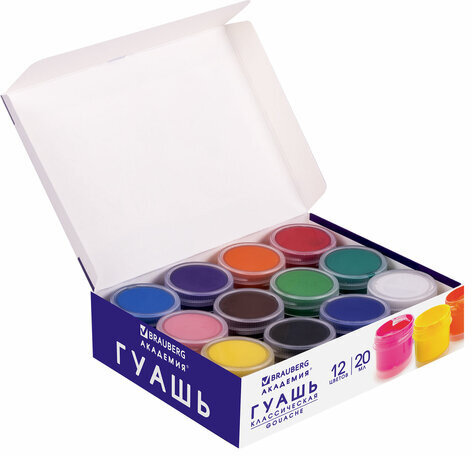 Гуашь BRAUBERG "АКАДЕМИЯ КЛАССИЧЕСКАЯ ЭКСТРА", 12 цветов по 20 мл, 192366