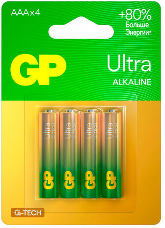 Батарейки КОМПЛЕКТ 4 шт., GP Ultra G-Tech, AAA (LR03, 24А), алкалиновые, мизинчиковые, 24AUA21-2CRSBC4