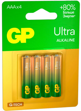 Батарейки КОМПЛЕКТ 4 шт., GP Ultra G-Tech, AAA (LR03, 24А), алкалиновые, мизинчиковые, 24AUA21-2CRSBC4